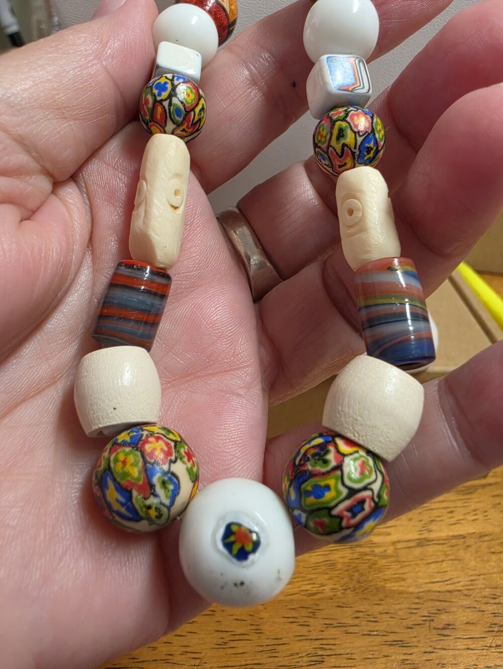 Vintage Artisan Trade Bead Art Glass Millefiori Bone Necklace - Picture 4 of 8